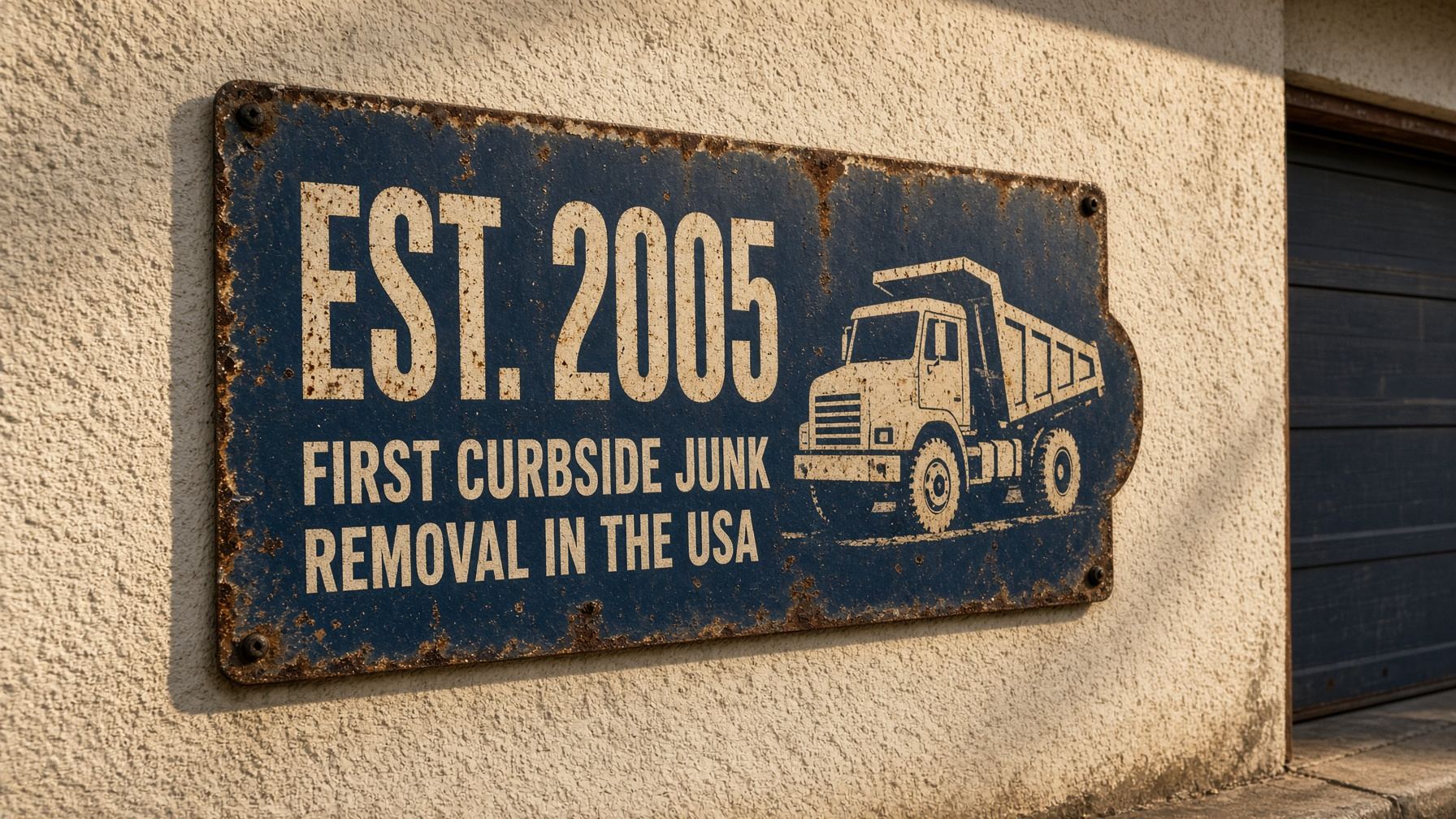 Shop sign: established 2005, first curbside junk removal in the USA